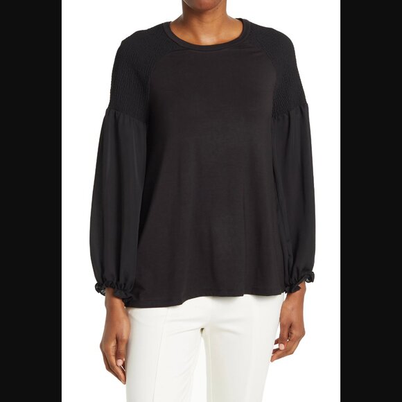 NWT Ellen Tracy Long Sleeve Mixed Media Top S Black - Picture 1 of 3